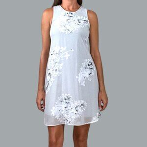 CALVIN KLEIN GRAY FLORAL PRINT OVERLAY SLEEVELESS DRESS